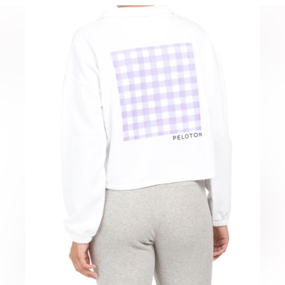 Peloton White Cropped Sweatshirt with Lavender Gingham